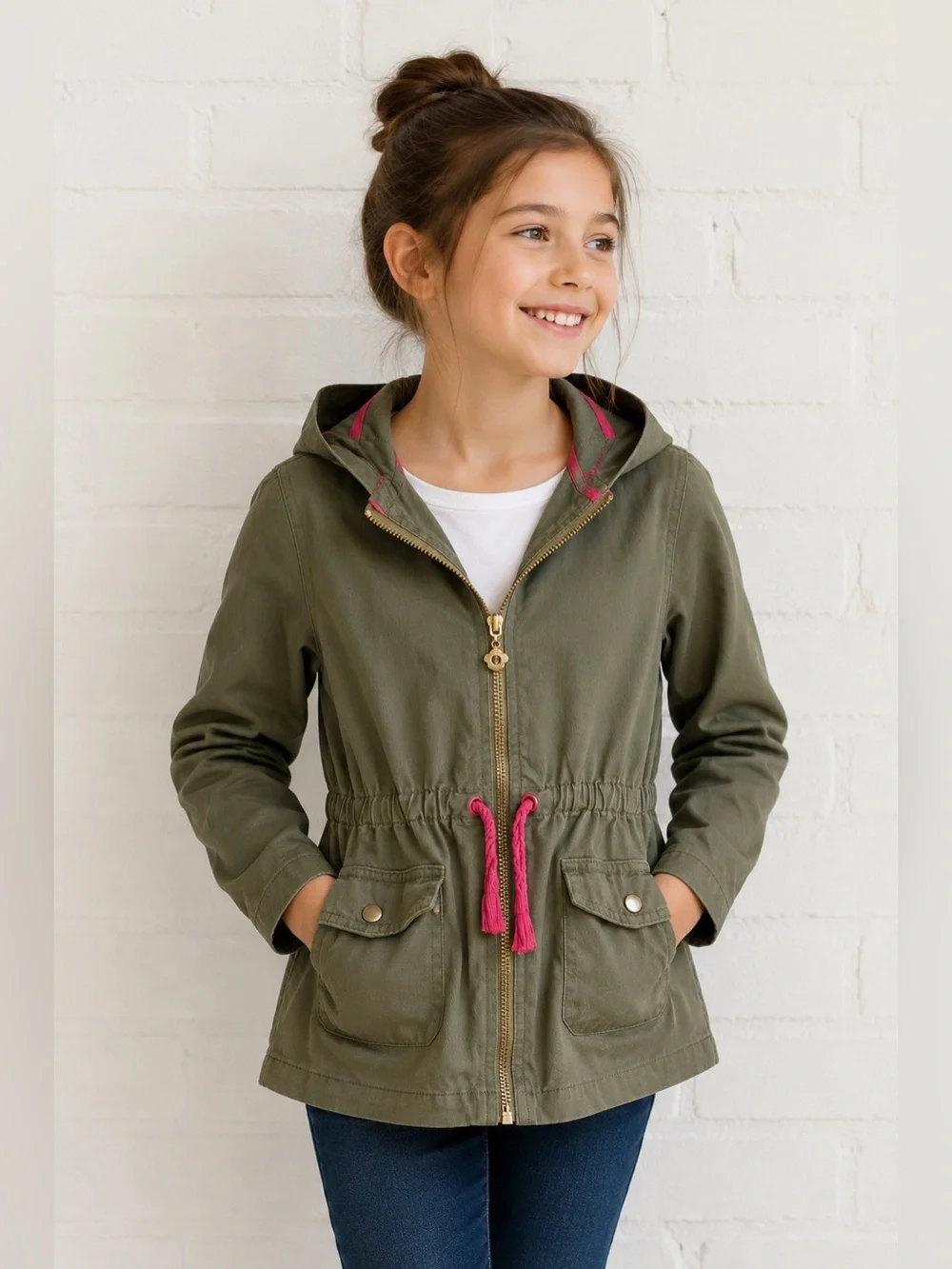 Isaac Mizrahi Girls Olive Utility Jacket Hooded Anorak Pink Trim Size 7/8